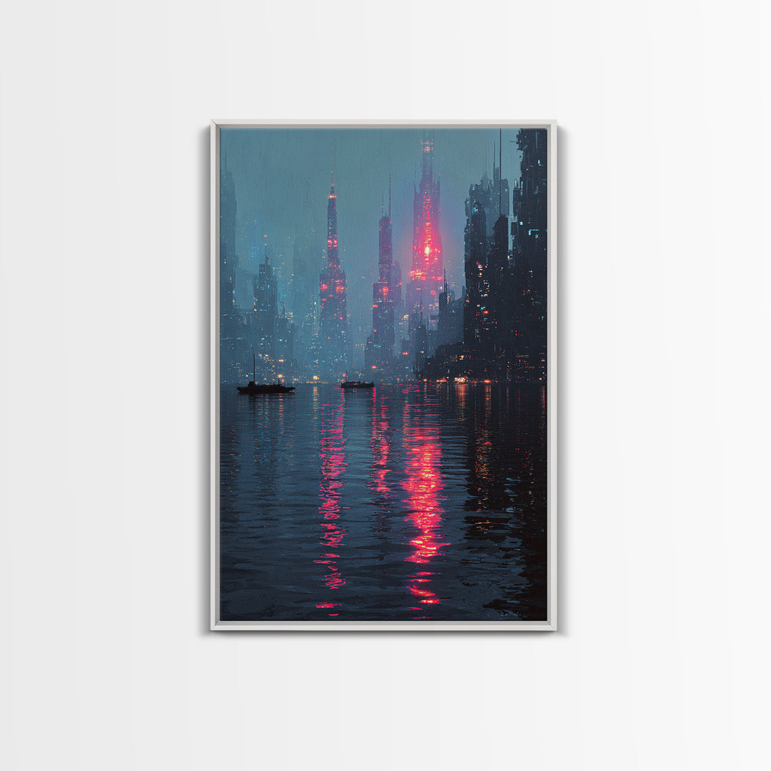 Neon Skyline Reflected Framed Canvas Print, Cyberpunk Art, Gothic Decor, Living Room Decor, Abstract Art, Neon, CYB-2x3-78