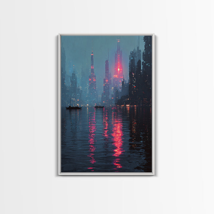 Neon Skyline Reflected Framed Canvas Print, Cyberpunk Art, Gothic Decor, Living Room Decor, Abstract Art, Neon, CYB-2x3-78