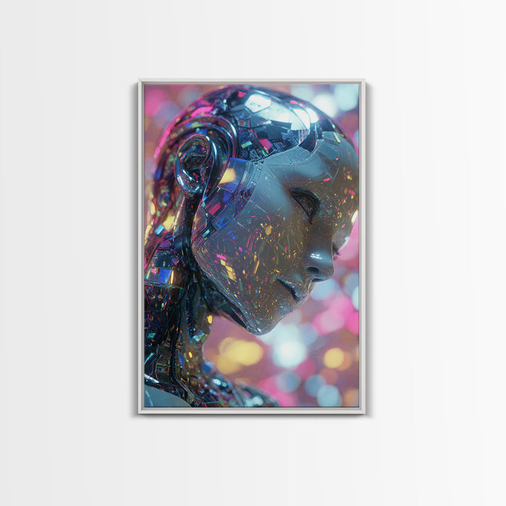 Ai Mask Portrait Framed Canvas Print, Cyberpunk Art, Fantasy Art, Living Room Decor, Oil Painting, Neon, Minimalist Decor, CYB-2x3-8