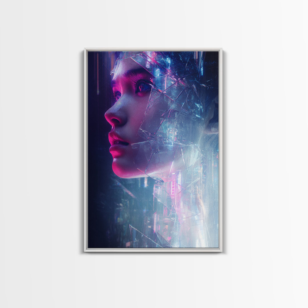 Ai Mask Portrait Framed Canvas Print, Cyberpunk Art, Digital Wall Art, Living Room Decor, Fine Art, Neon, Man Cave Decor, CYB-2x3-80