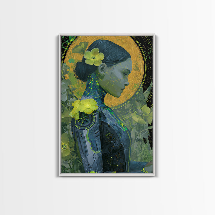 Android Woman with Glowing Circuitry and Flowers Framed Canvas Print, Cyberpunk Art, Cyberpunk Helmet, Living Room Decor, Neon, CYB-2x3-83