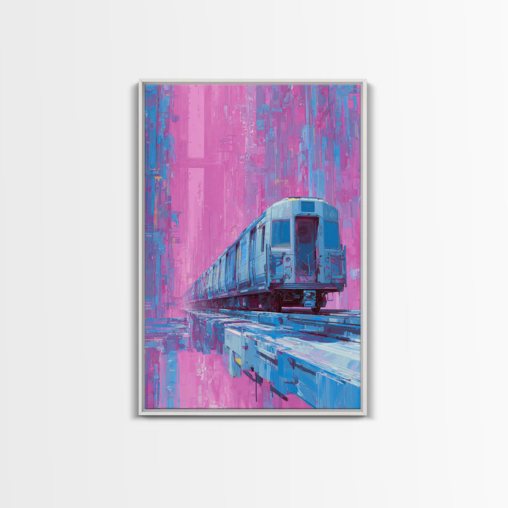 City Train Rushing Through Pink Electric Haze Framed Canvas Print, Cyberpunk Art, Cool Wall Art, Living Room Decor, Neon, CYB-2x3-93