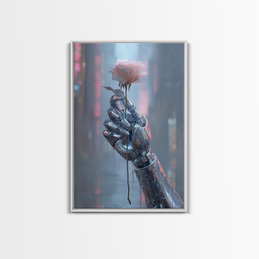 Robotic Hand Holding a Real Rose Canvas Print, Cyberpunk Art, Cool Wall Art, Living Room Decor, Fine Art, Neon, Gallery Decor, CYB-2x3-96