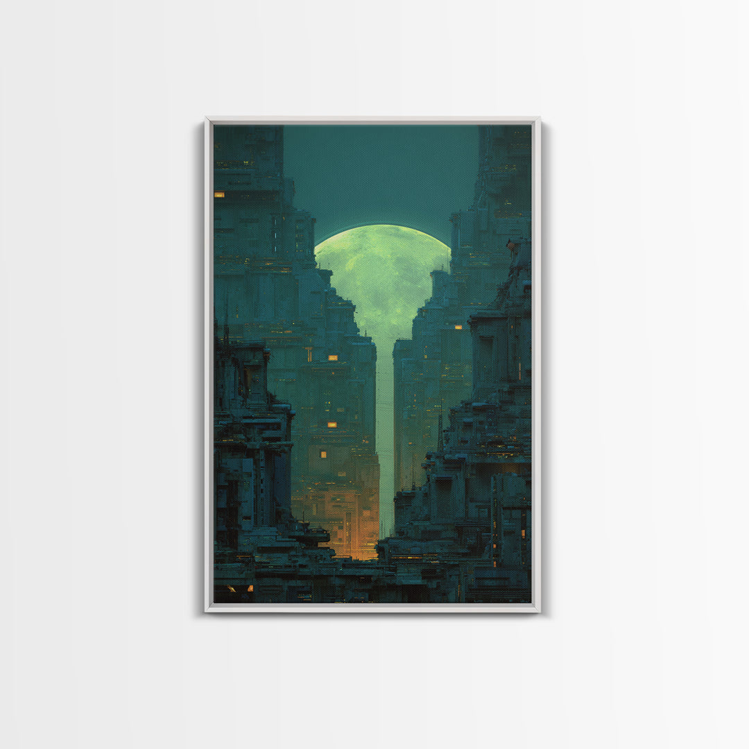 Dystopian Moon over Dense Rooftops Framed Canvas Print, Cyberpunk Art, Digital Wall Art, Living Room Decor, Watercolor Art, CYB-2x3-98