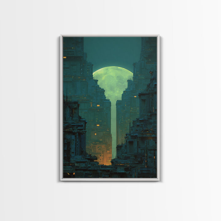 Dystopian Moon over Dense Rooftops Framed Canvas Print, Cyberpunk Art, Digital Wall Art, Living Room Decor, Watercolor Art, CYB-2x3-98