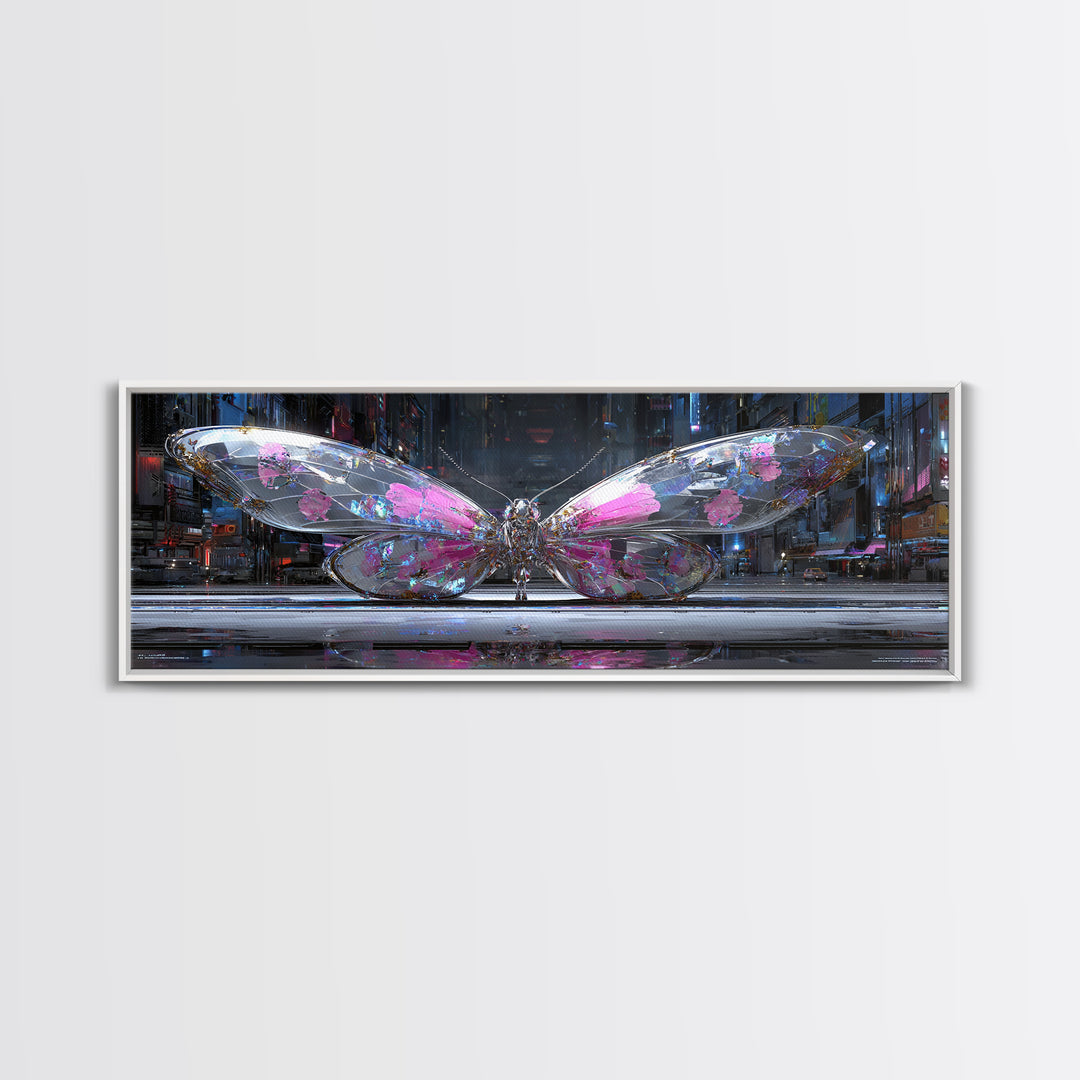 Holographic Butterfly over Black Metal Surface Canvas Print, Cyberpunk Art, Modern Wall Decor, Living Room Decor, Neon, CYB-3x1-11
