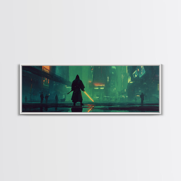 Neon Samurai Portrait Framed Canvas Print, Cyberpunk Art, Space Art, Living Room Decor, Oil Painting, Neon, Cyberpunk Wall Art, CYB-3x1-17