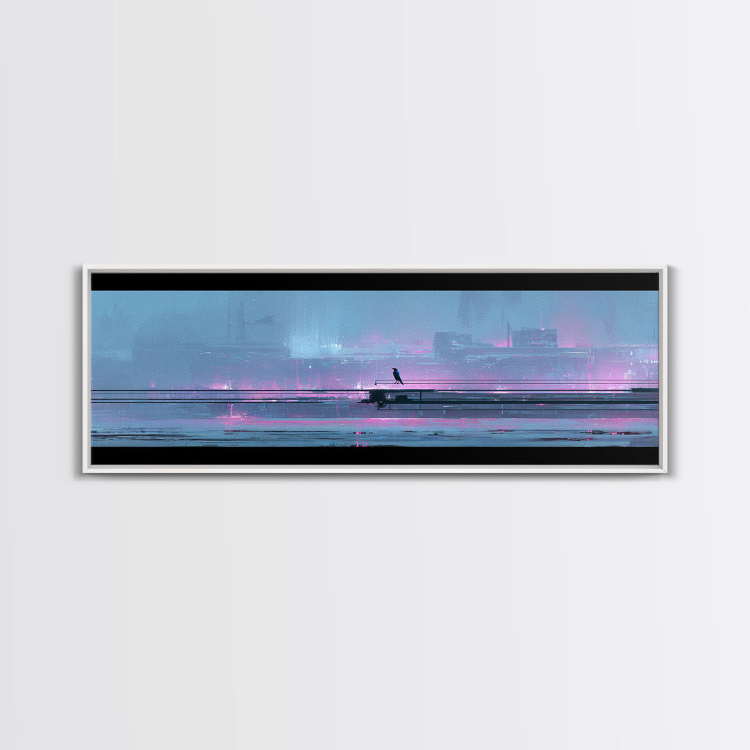 Cybernetic Raven Perched on a Cable Framed Canvas Print, Cyberpunk Art, Textured Painting, Living Room Decor, Fine Art, Neon, CYB-3x1-27