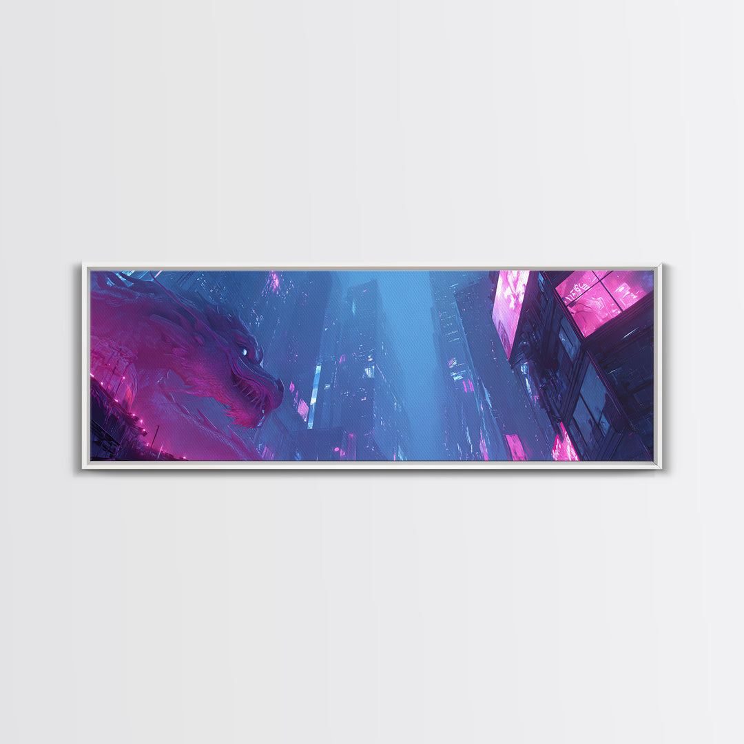 Neon Dragon Wrapped Around Skyscraper Shapes Canvas Print, Cyberpunk Art, Art Print, Living Room Decor, Abstract Art, Neon, CYB-3x1-30