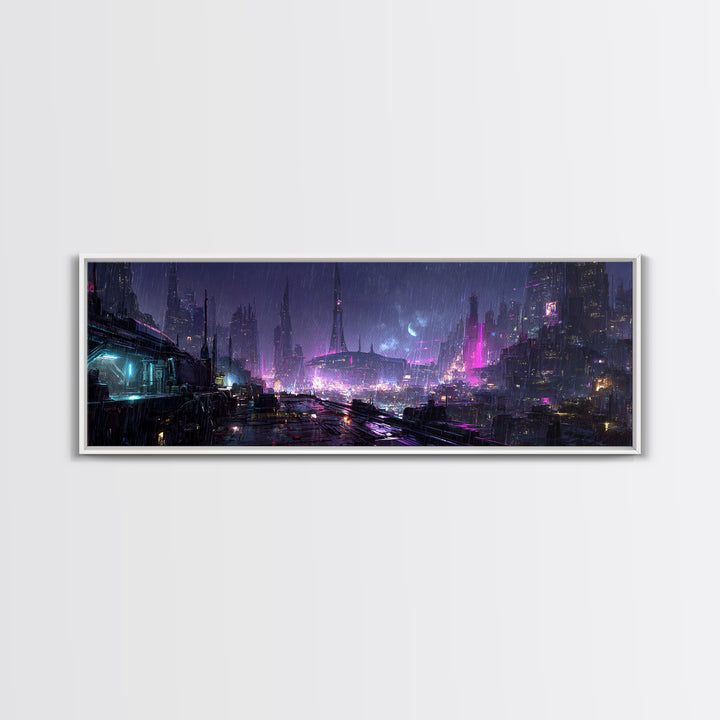 Dystopian Moon over Dense Rooftops Canvas Print, Cyberpunk Art, Canvas Wall Art, Living Room Decor, Abstract Art, Neon, CYB-3x1-34
