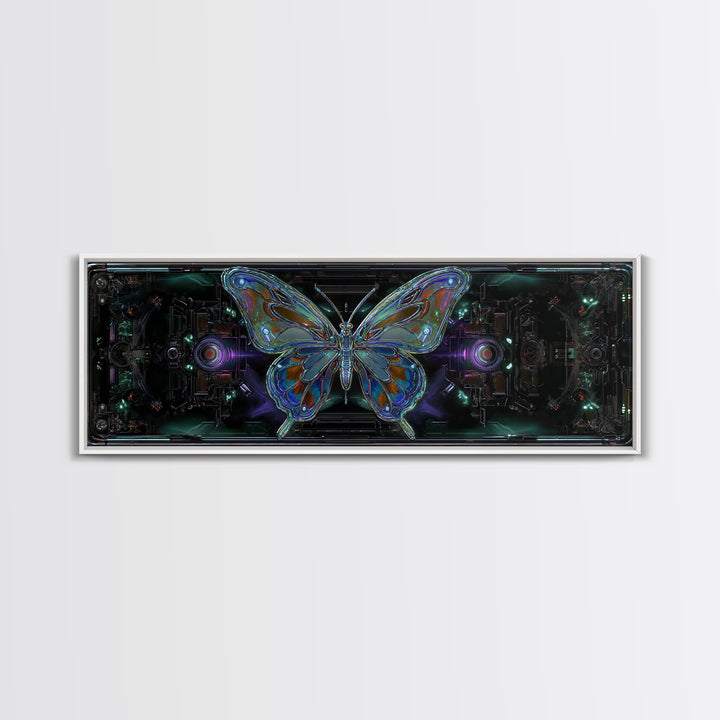 Holographic Butterfly over Black Metal Surface Canvas Print, Cyberpunk Art, Minimalist Decor, Living Room Decor, Fine Art, Neon, CYB-3x1-35