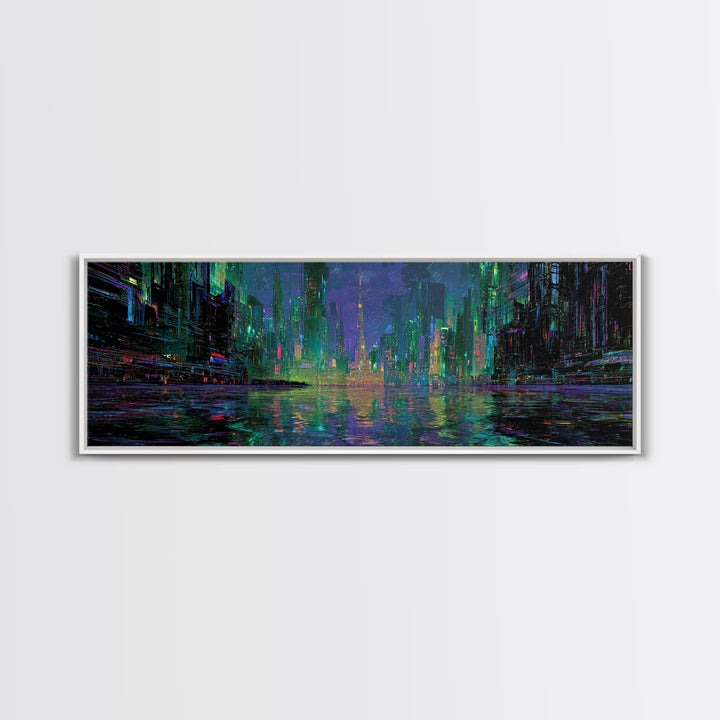 Neon Skyline Reflected Canvas Print, Cyberpunk Art, Abstract Art, Living Room Decor, Neon, Urban Wall Art, Cyberpunk Helmet, CYB-3x1-38