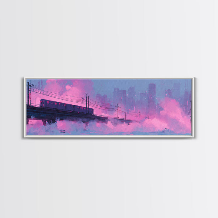City Train Rushing Through Pink Electric Haze Framed Canvas Print, Cyberpunk Art, Japanese Art, Living Room Decor, CYB-3x1-5