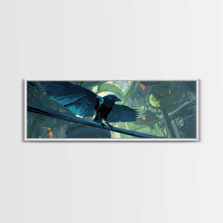 Cybernetic Raven Perched on a Cable Framed Canvas Print, Cyberpunk Art, Cyberpunk 2077, Living Room Decor, Fine Art, Neon, CYB-3x1-51
