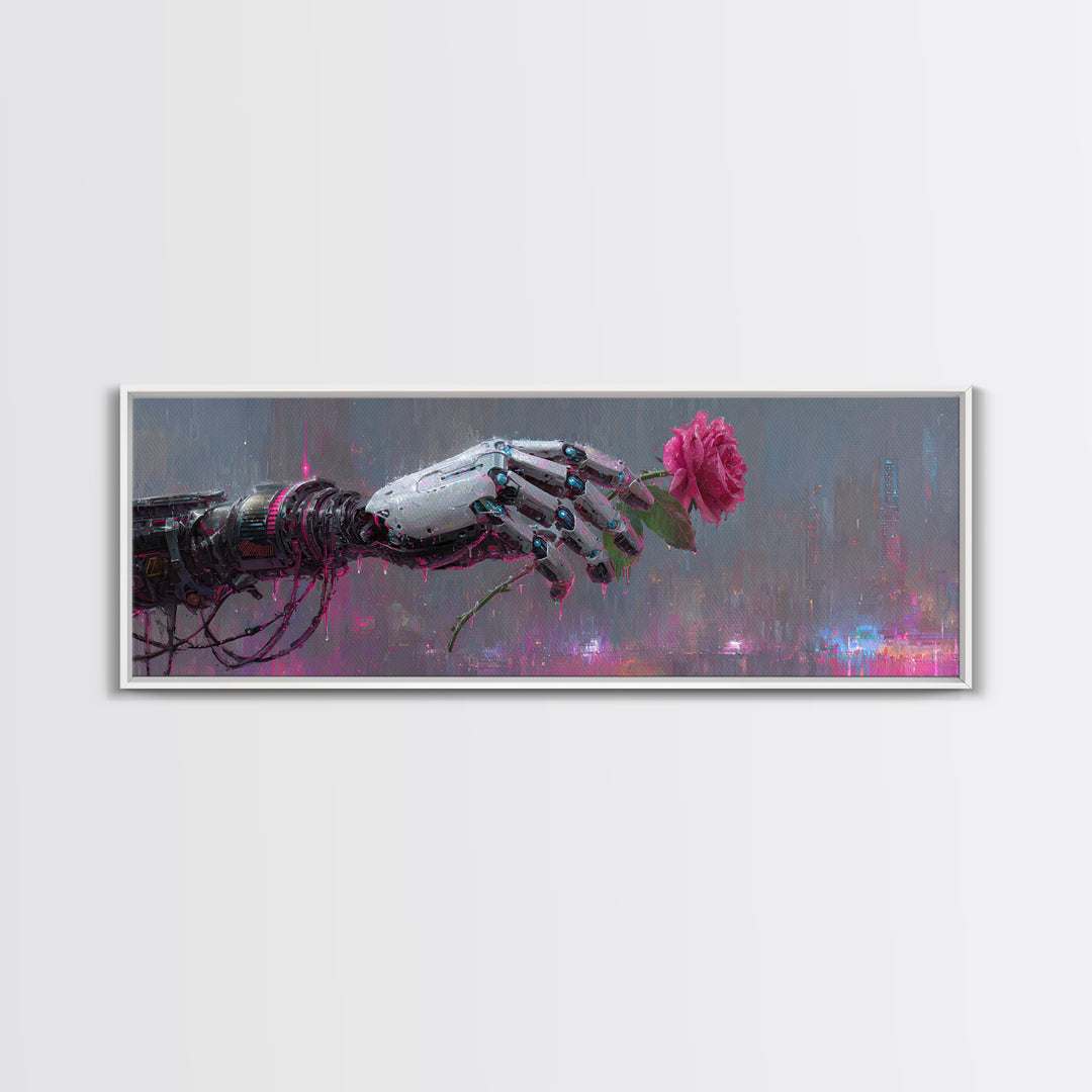 Robotic Hand Holding a Real Rose Framed Canvas Print, Cyberpunk Art, Minimalist Decor, Living Room Decor, Fine Art, Neon, CYB-3x1-56