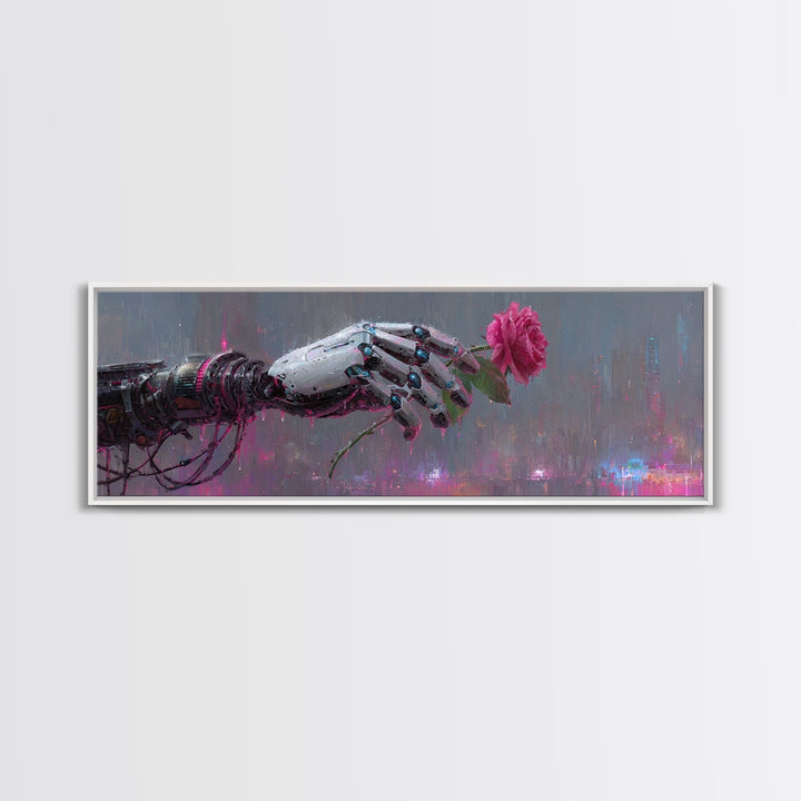 Robotic Hand Holding a Real Rose Framed Canvas Print, Cyberpunk Art, Minimalist Decor, Living Room Decor, Fine Art, Neon, CYB-3x1-56