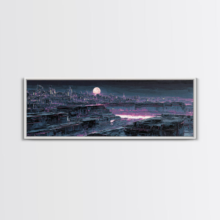 Dystopian Moon over Dense Rooftops Framed Canvas Print, Cyberpunk Art, Blue Wall Art, Living Room Decor, Fine Art, Neon, CYB-3x1-58