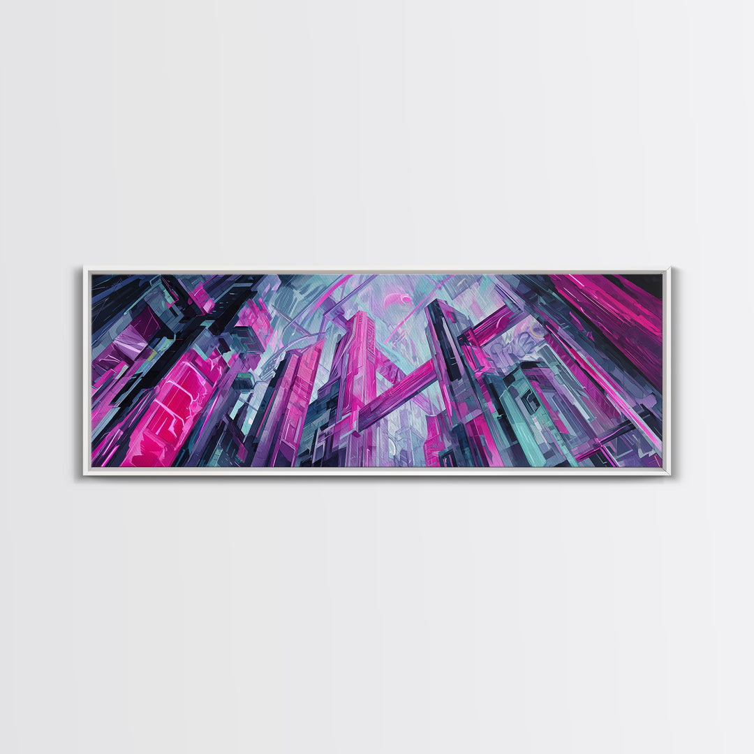 Neon Dragon Wrapped Around Skyscraper Shapes Canvas Print, Cyberpunk Art, Urban Wall Art, Living Room Decor, Abstract Art, Neon, CYB-3x1-6