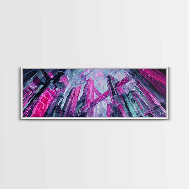Neon Dragon Wrapped Around Skyscraper Shapes Canvas Print, Cyberpunk Art, Urban Wall Art, Living Room Decor, Abstract Art, Neon, CYB-3x1-6