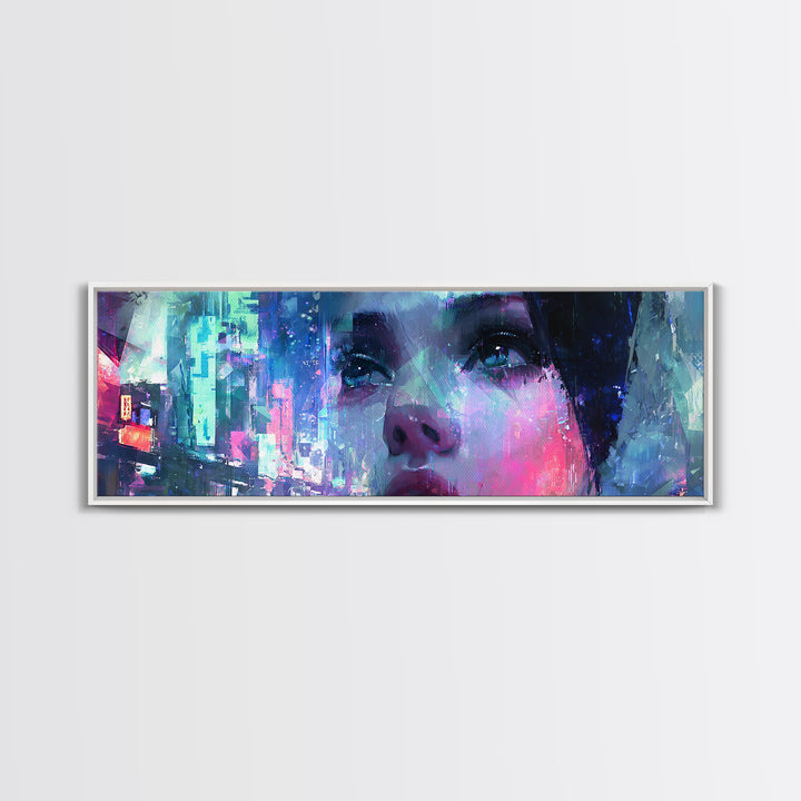 Ai Mask Portrait Framed Canvas Print, Cyberpunk Art, Luxury Decor, Living Room Decor, Fine Art, Neon, Printable Wall Art, CYB-3x1-64