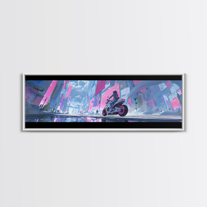 Motorcycle Rider under Holographic Signs Framed Canvas Print, Cyberpunk Art, Home Decor, Living Room Decor, Fine Art, Neon, CYB-3x1-68