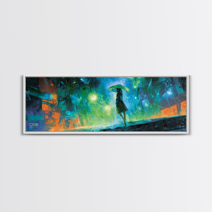 Glowing Umbrella Figure Framed Canvas Print, Cyberpunk Art, Statement Artwork, Living Room Decor, Fine Art, Neon, Art Print, CYB-3x1-7