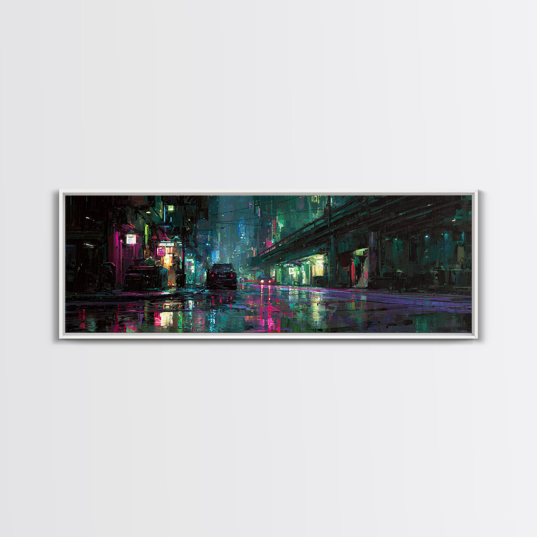 Rain Soaked Alley Framed Canvas Print, Cyberpunk Art, Poster, Living Room Decor, Fine Art, Neon, Modern Wall Art, Japanese Art, CYB-3x1-72