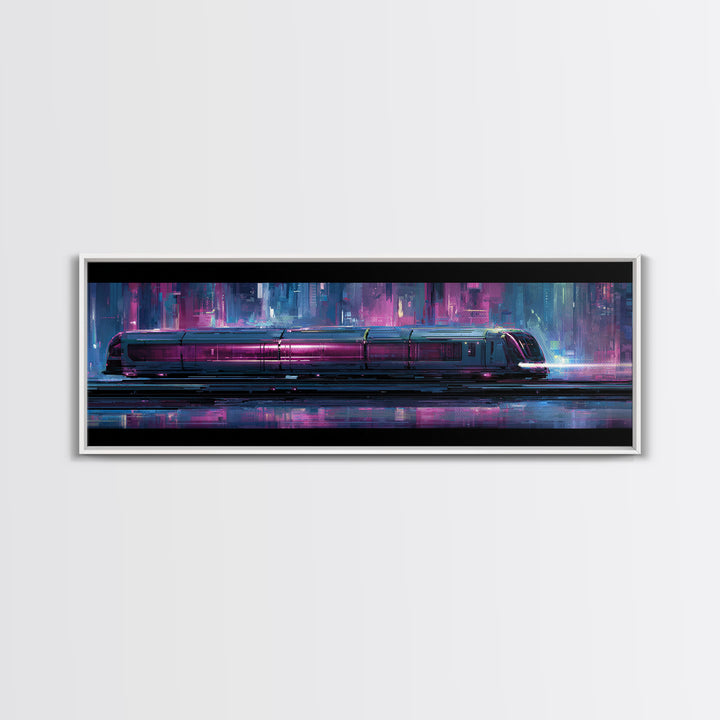 City Train Rushing Through Pink Electric Haze Framed Canvas Print, Cyberpunk Art, Minimalist Poster, Living Room Decor, Neon, CYB-3x1-77