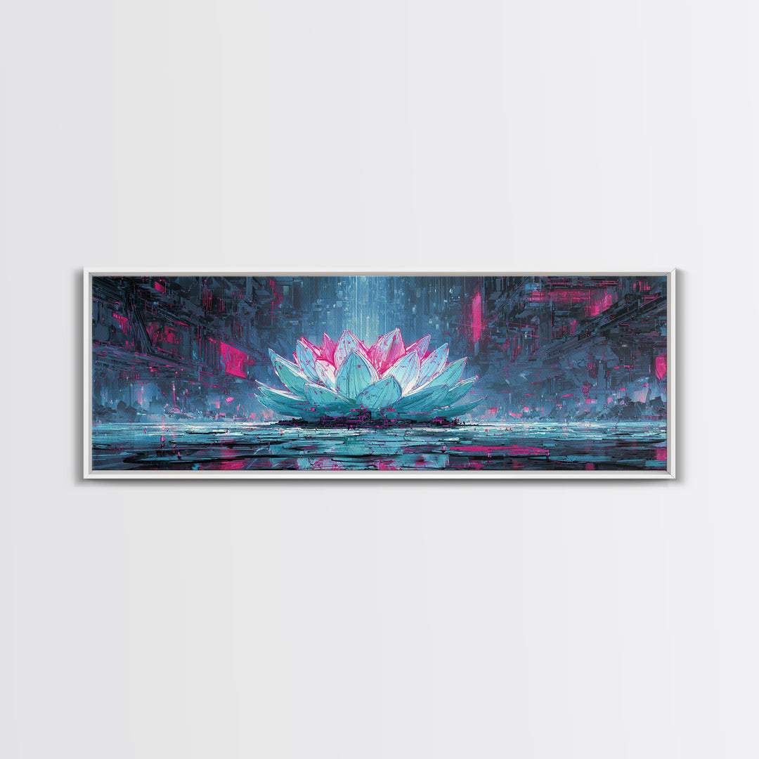 Electric Lotus Flower Framed Canvas Print, Cyberpunk Art, Cyberpunk Tarot, Living Room Decor, Watercolor Art, Neon, CYB-3x1-81