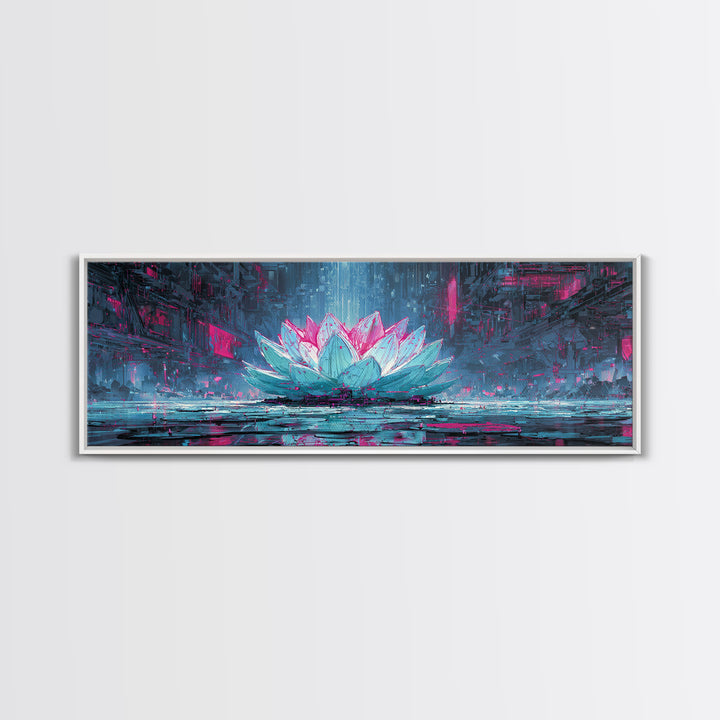 Electric Lotus Flower Framed Canvas Print, Cyberpunk Art, Cyberpunk Tarot, Living Room Decor, Watercolor Art, Neon, CYB-3x1-81