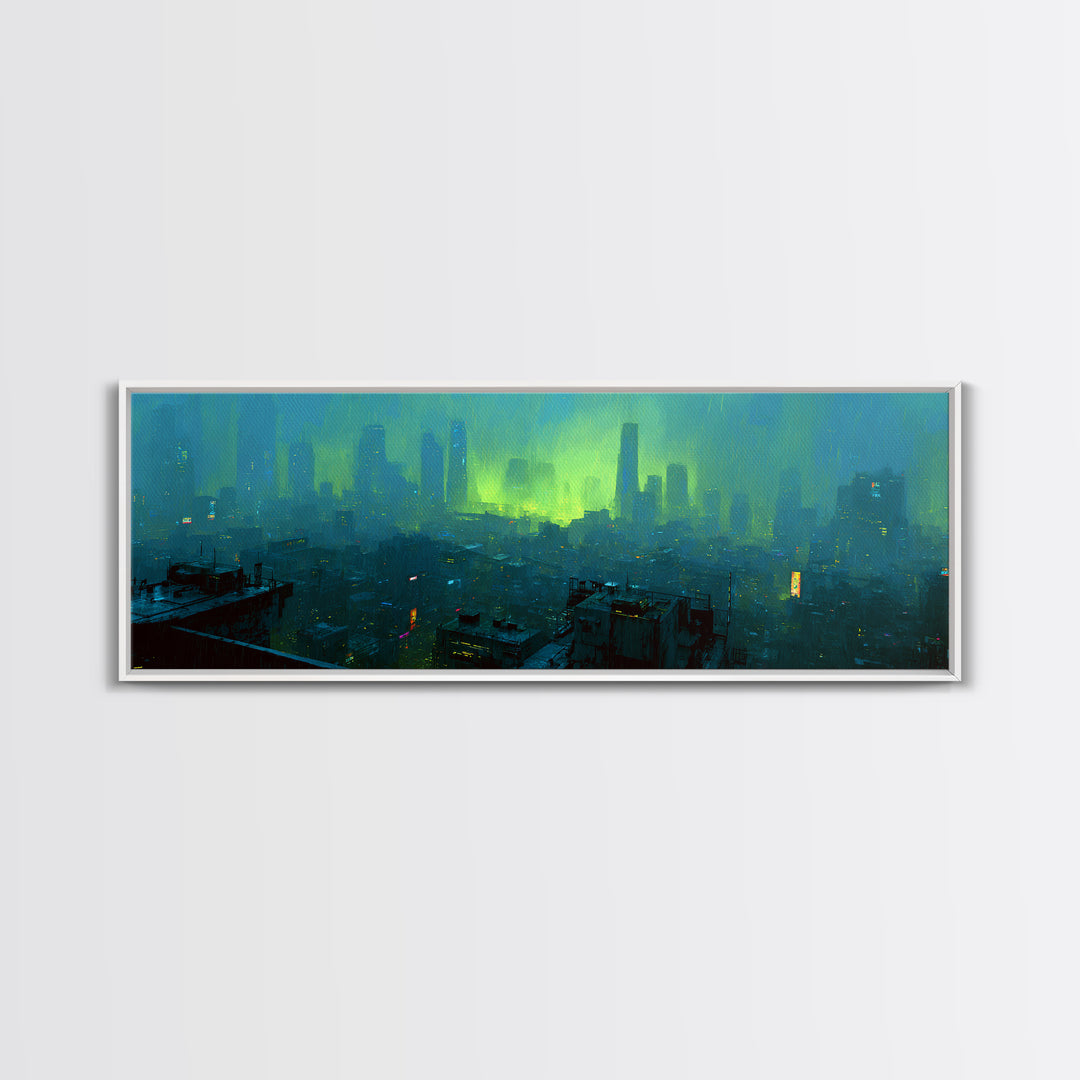 Dystopian Moon over Dense Rooftops Framed Canvas Print, Cyberpunk Art, Blue Wall Art, Living Room Decor, Fine Art, Neon, CYB-3x1-82