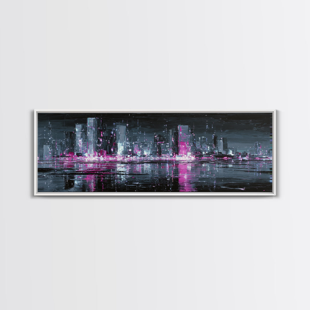 Neon Skyline Reflected Canvas Print, Cyberpunk Art, Japanese Art, Living Room Decor, Abstract Art, Neon, Cyberpunk Tarot, CYB-3x1-86