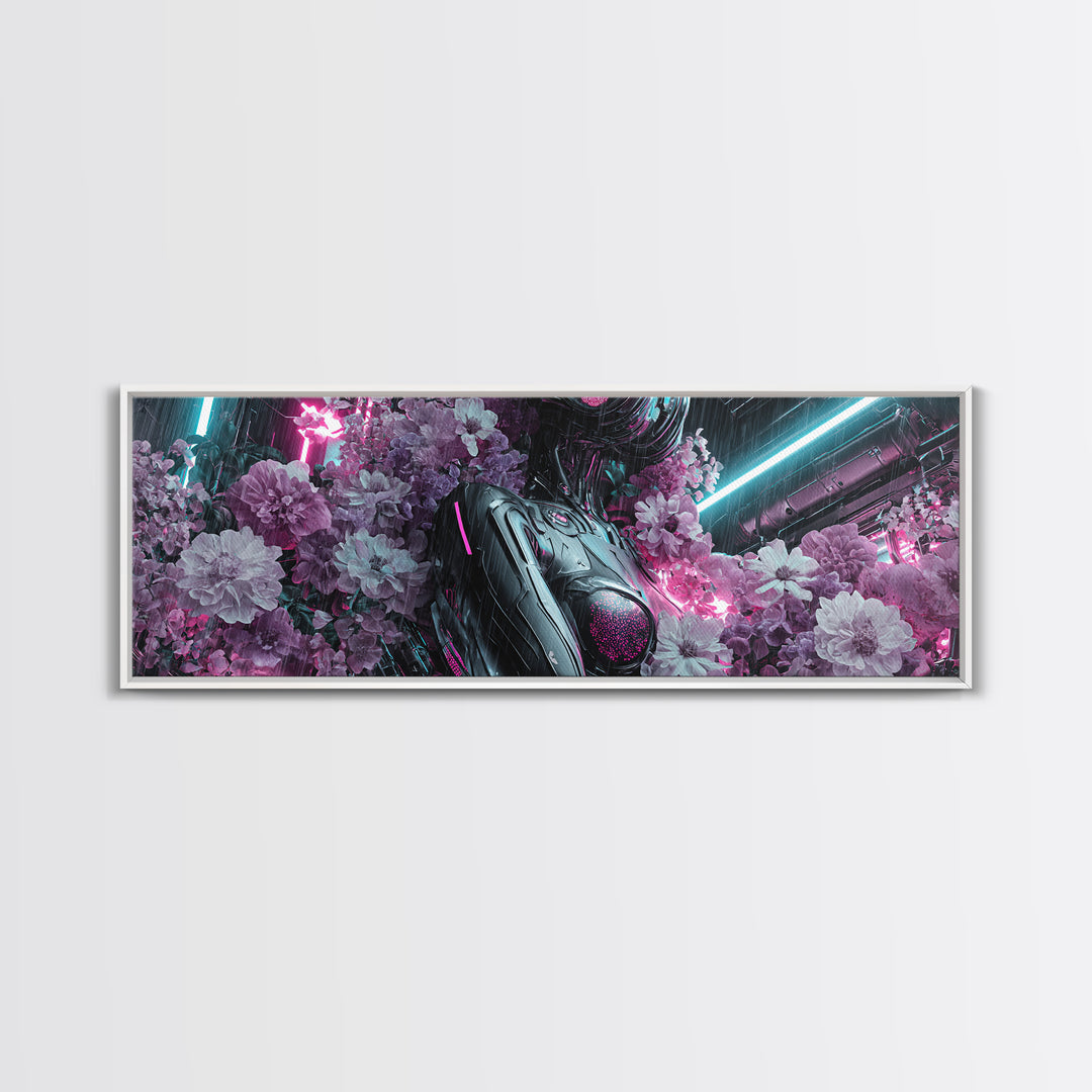 Android Woman with Glowing Circuitry and Flowers Canvas Print, Cyberpunk Art, Digital Art, Living Room Decor, Fine Art, Neon, CYB-3x1-91