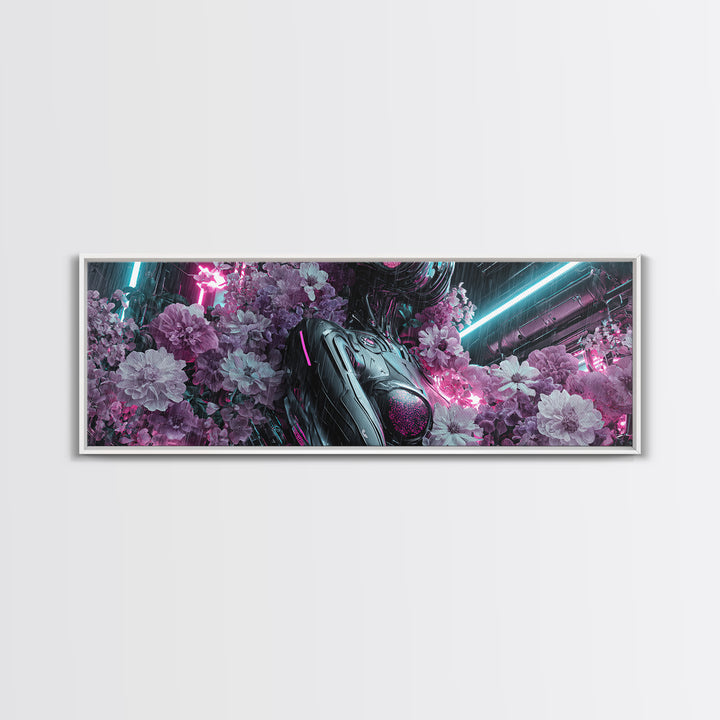 Android Woman with Glowing Circuitry and Flowers Canvas Print, Cyberpunk Art, Digital Art, Living Room Decor, Fine Art, Neon, CYB-3x1-91