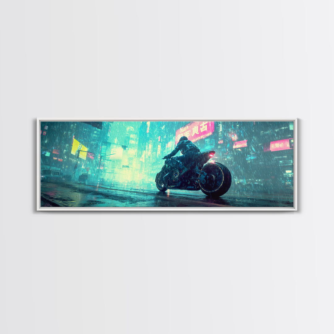 Motorcycle Rider under Holographic Signs Canvas Print, Cyberpunk Art, Printable Wall Art, Living Room Decor, Fine Art, Neon, CYB-3x1-92