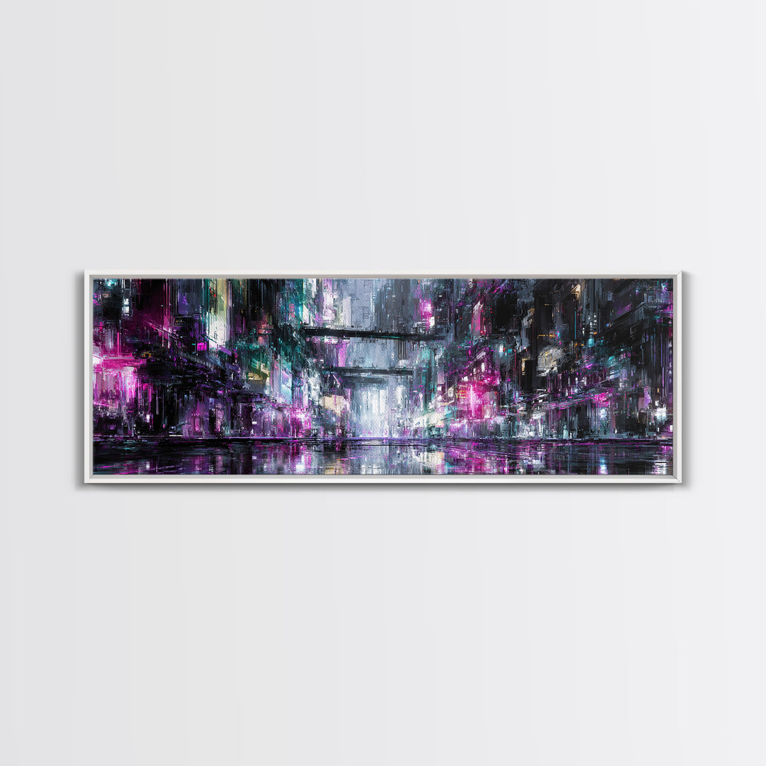 Rain Soaked Alley Canvas Print, Cyberpunk Art, Textured Painting, Living Room Decor, Abstract Art, Neon, Digital Wall Art, CYB-3x1-96