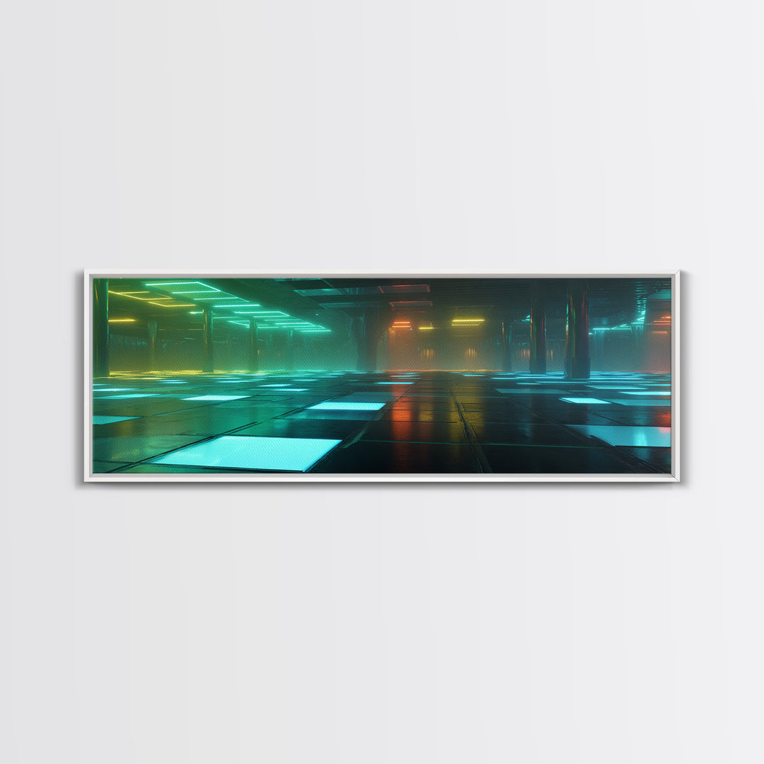 Retro Arcade Dystopia Canvas Print, Cyberpunk Art, Minimalist Poster, Living Room Decor, Fine Art, Neon, Textured Painting, CYB-3x1-98