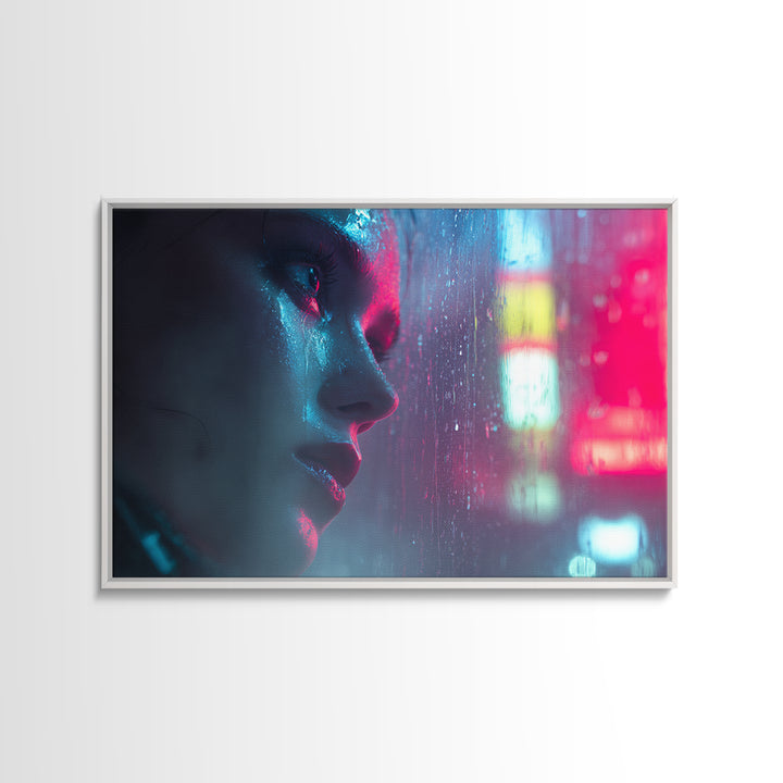 Ai Mask Portrait Framed Canvas Print, Cyberpunk Art, Wall Art, Living Room Decor, Oil Painting, Neon, Abstract Art, CYB-3x2-100