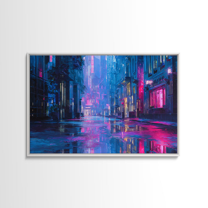 Rain Soaked Alley Canvas Print, Cyberpunk Art, Digital Art Print, Living Room Decor, Fine Art, Neon, Statement Artwork, CYB-3x2-12