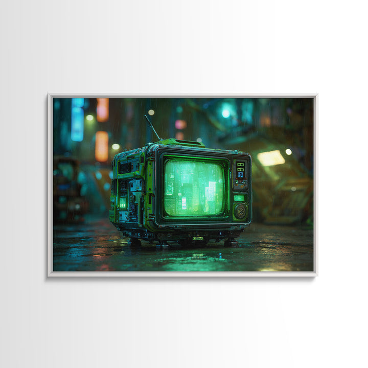Retro Arcade Dystopia Framed Canvas Print, Cyberpunk Art, Abstract Art, Living Room Decor, Fine Art, Neon, Urban Wall Art, CYB-3x2-14