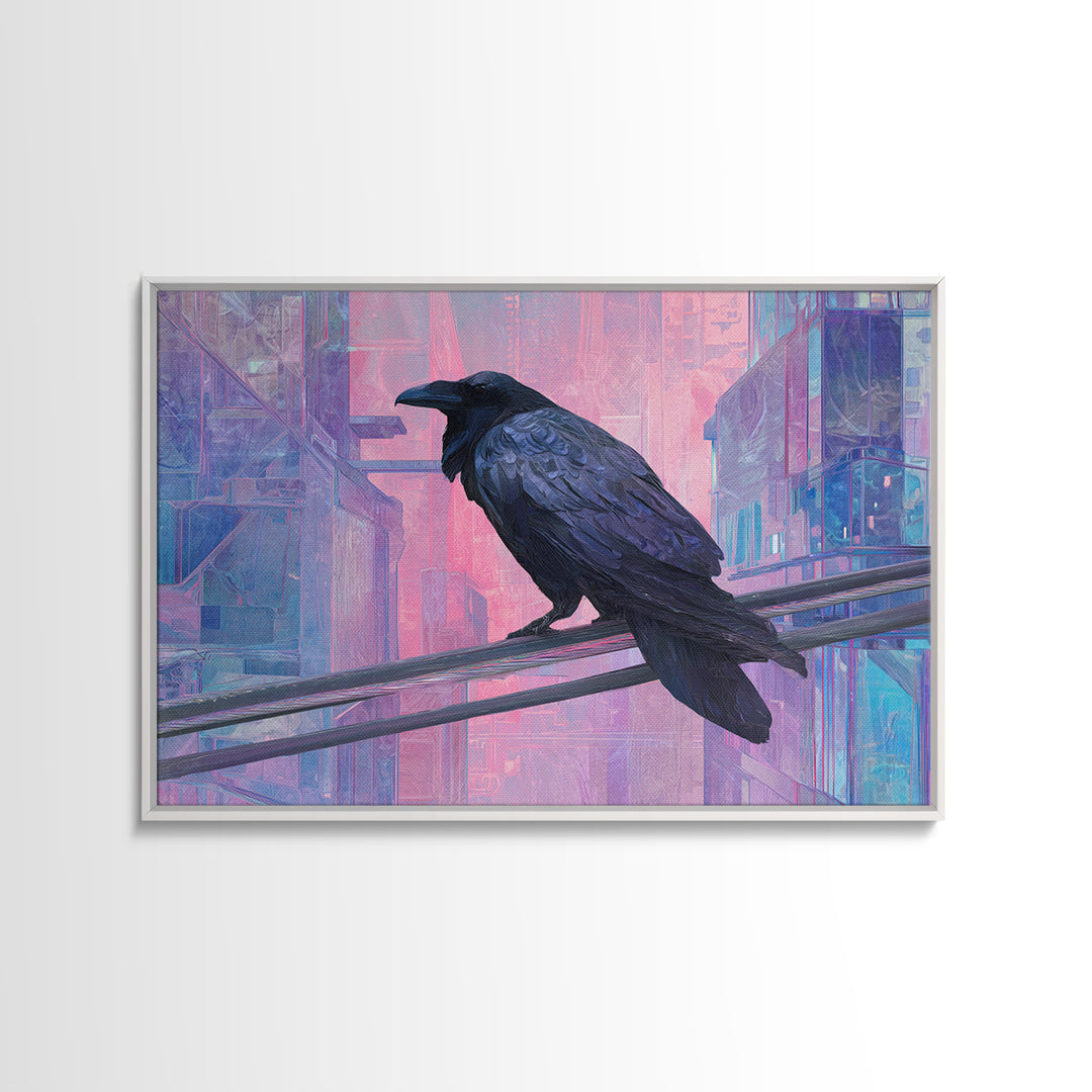 Cybernetic Raven Perched on a Cable Framed Canvas Print, Cyberpunk Art, Digital Download Art, Living Room Decor, Fine Art, Neon, CYB-3x2-15