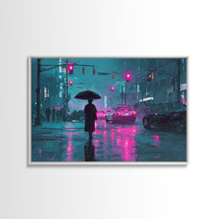 Glowing Umbrella Figure Framed Canvas Print, Cyberpunk Art, Statement Artwork, Living Room Decor, Fine Art, Neon, Art Print, CYB-3x2-19