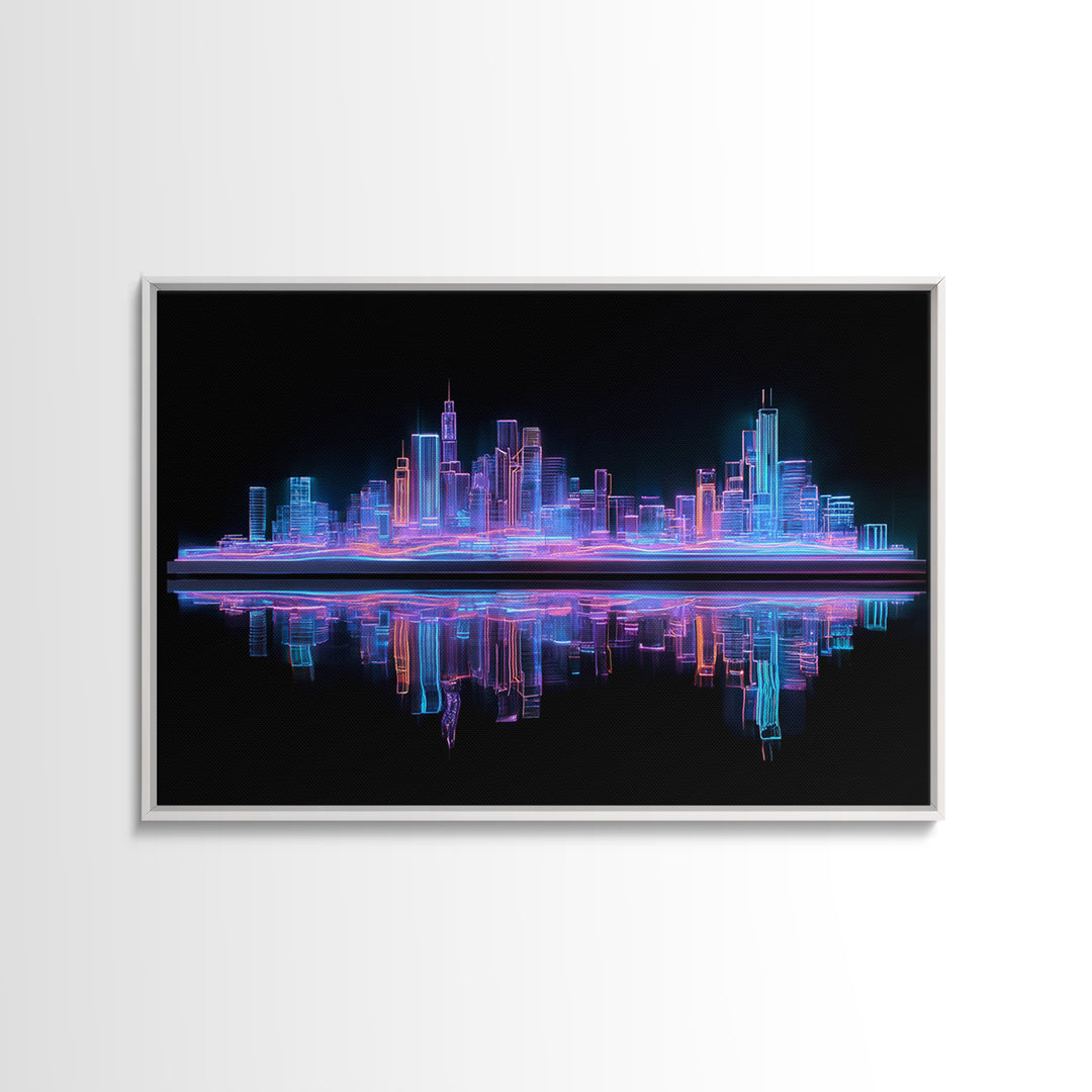 Neon Skyline Reflected Framed Canvas Print, Cyberpunk Art, Gothic Decor, Living Room Decor, Abstract Art, Neon, CYB-3x2-2