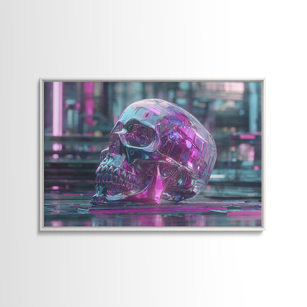 Cyberpunk Skull with Chrome and Violet Light Framed Canvas Print, Cyberpunk Art, Urban Wall Art, Living Room Decor, Neon, CYB-3x2-24