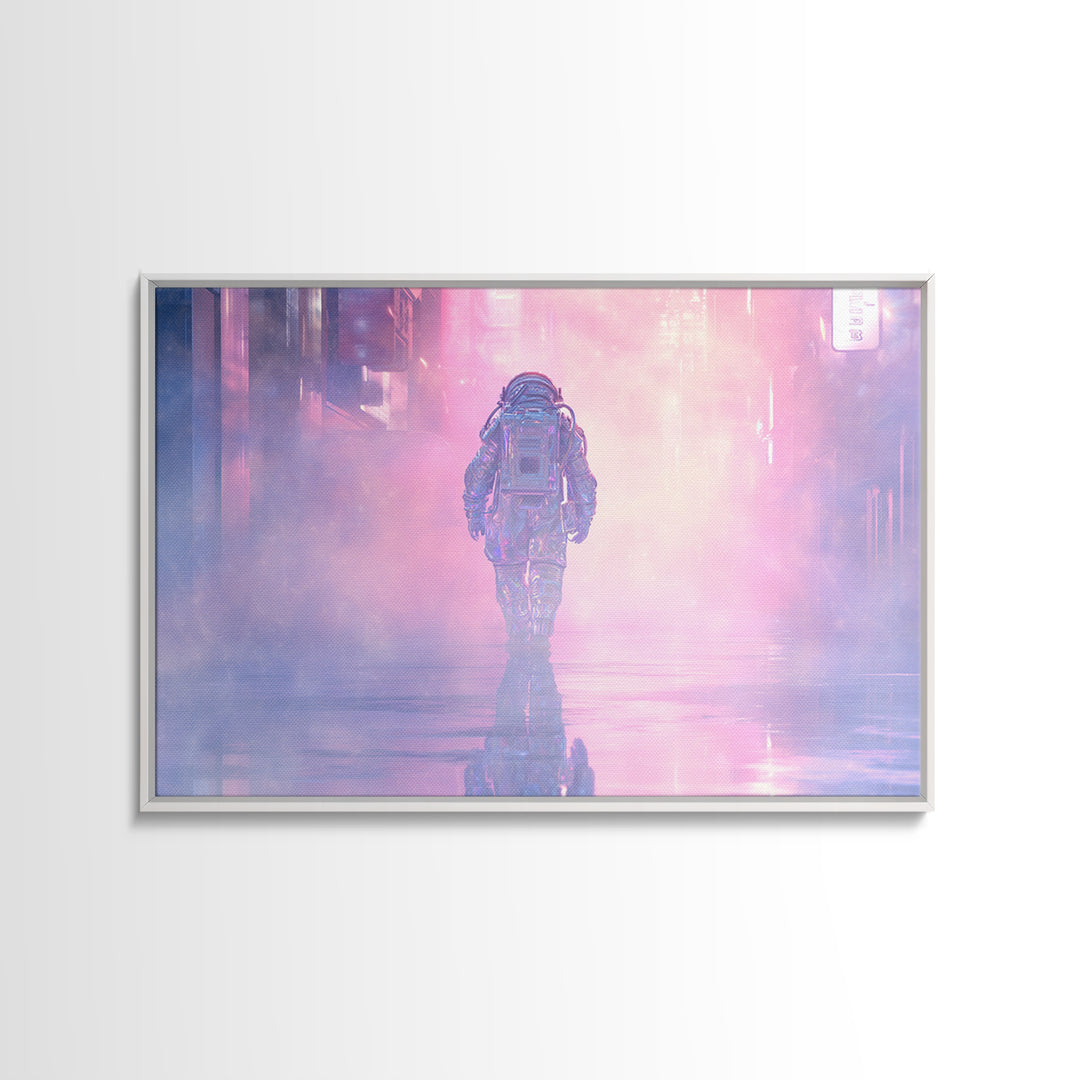 Astronaut Street Wanderer Framed Canvas Print, Cyberpunk Art, Gallery Decor, Living Room Decor, Fine Art, Neon, Wall Art, CYB-3x2-27