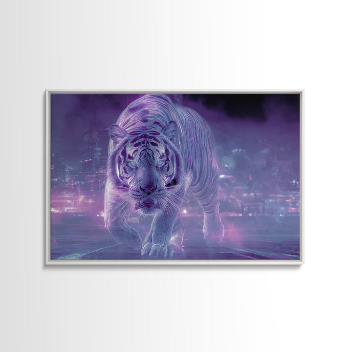 Neon Tiger Emerging from Digital Fog Canvas Print, Cyberpunk Art, Fantasy Art, Living Room Decor, Oil Painting, Neon, CYB-3x2-37