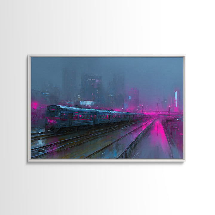 City Train Rushing Through Pink Electric Haze Canvas Print, Cyberpunk Art, Modern Wall Decor, Living Room Decor, Neon, CYB-3x2-41