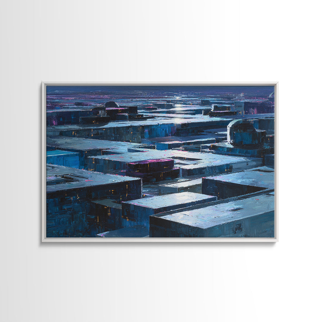 Dystopian Moon over Dense Rooftops Framed Canvas Print, Cyberpunk Art, Cyberpunk Decor, Living Room Decor, Fine Art, Neon, CYB-3x2-46
