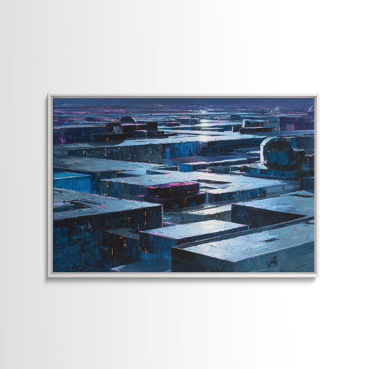 Dystopian Moon over Dense Rooftops Framed Canvas Print, Cyberpunk Art, Cyberpunk Decor, Living Room Decor, Fine Art, Neon, CYB-3x2-46
