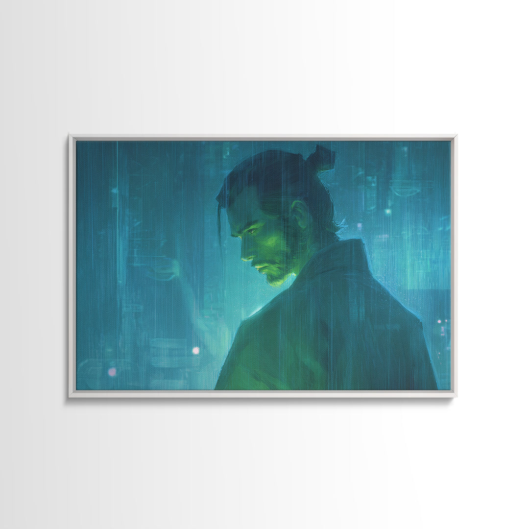 Neon Samurai Portrait Framed Canvas Print, Cyberpunk Art, Minimalist Poster, Living Room Decor, Fine Art, Neon, CYB-3x2-5